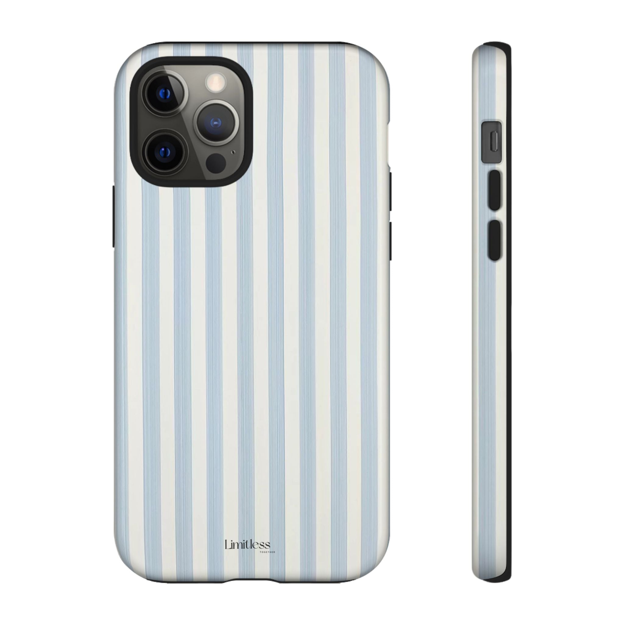 Phone case with blue and white vertical stripes on a white background