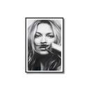 Framed black and white portrait of a woman with a mustache on a white background